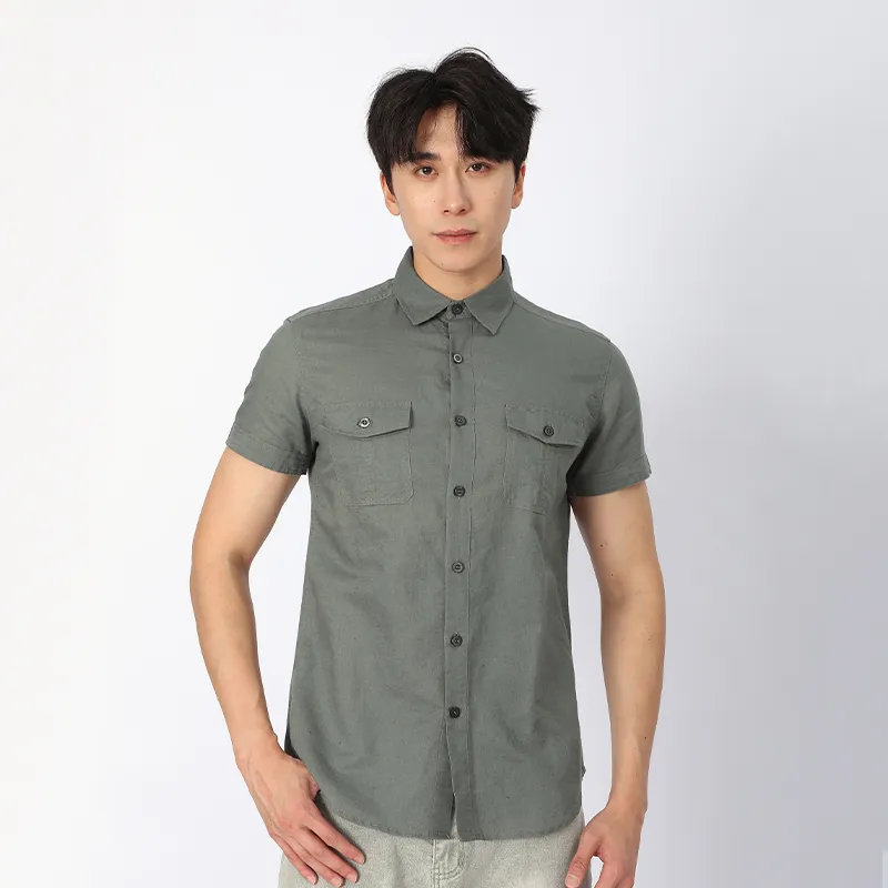 Рубашка из льна и хлопка с коротким рукавом, окрашенная ткань