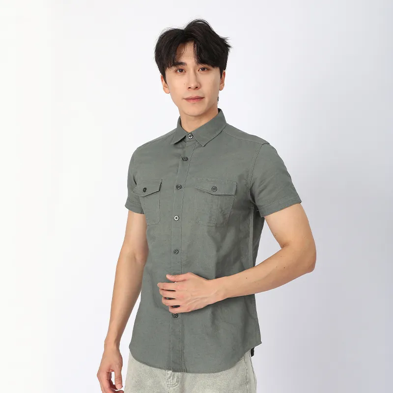 Рубашка из льна и хлопка с коротким рукавом, окрашенная ткань