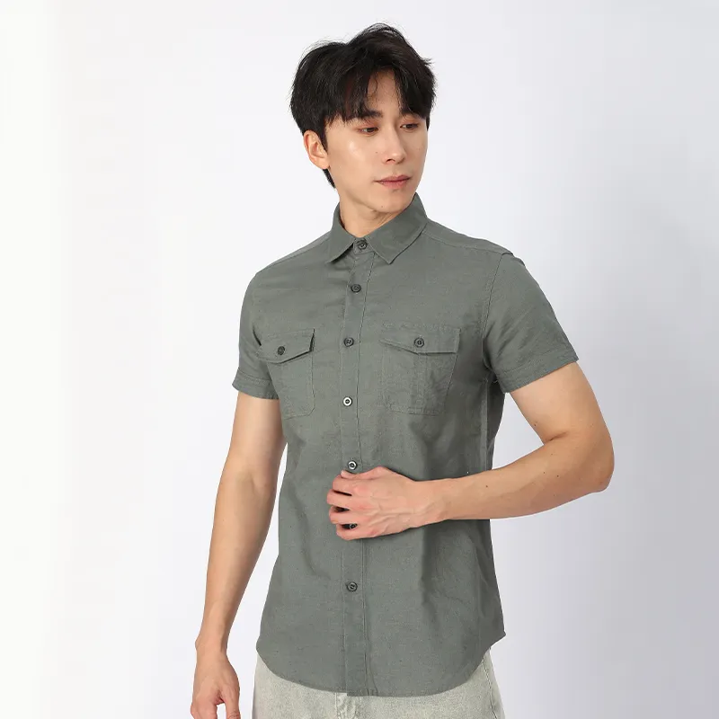 Рубашка из льна и хлопка с коротким рукавом, окрашенная ткань