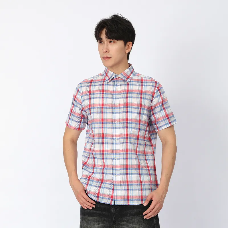 Рубашка из льна и хлопка с коротким рукавом, ткань, окрашенная в пряже