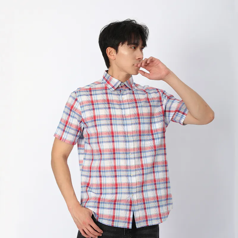 Рубашка из льна и хлопка с коротким рукавом, ткань, окрашенная в пряже