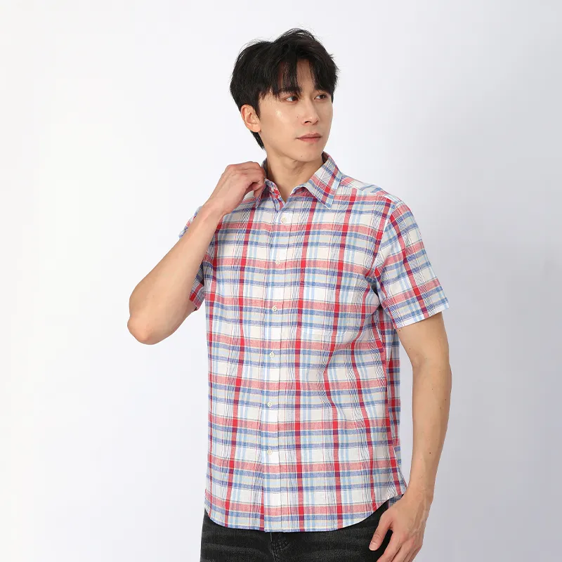 Рубашка из льна и хлопка с коротким рукавом, ткань, окрашенная в пряже