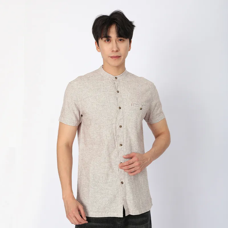 Рубашка из льна и хлопка с коротким рукавом, ткань, окрашенная в пряже