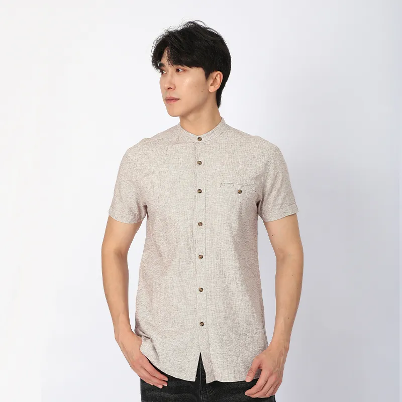 Рубашка из льна и хлопка с коротким рукавом, ткань, окрашенная в пряже