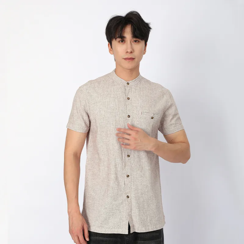 Рубашка из льна и хлопка с коротким рукавом, ткань, окрашенная в пряже