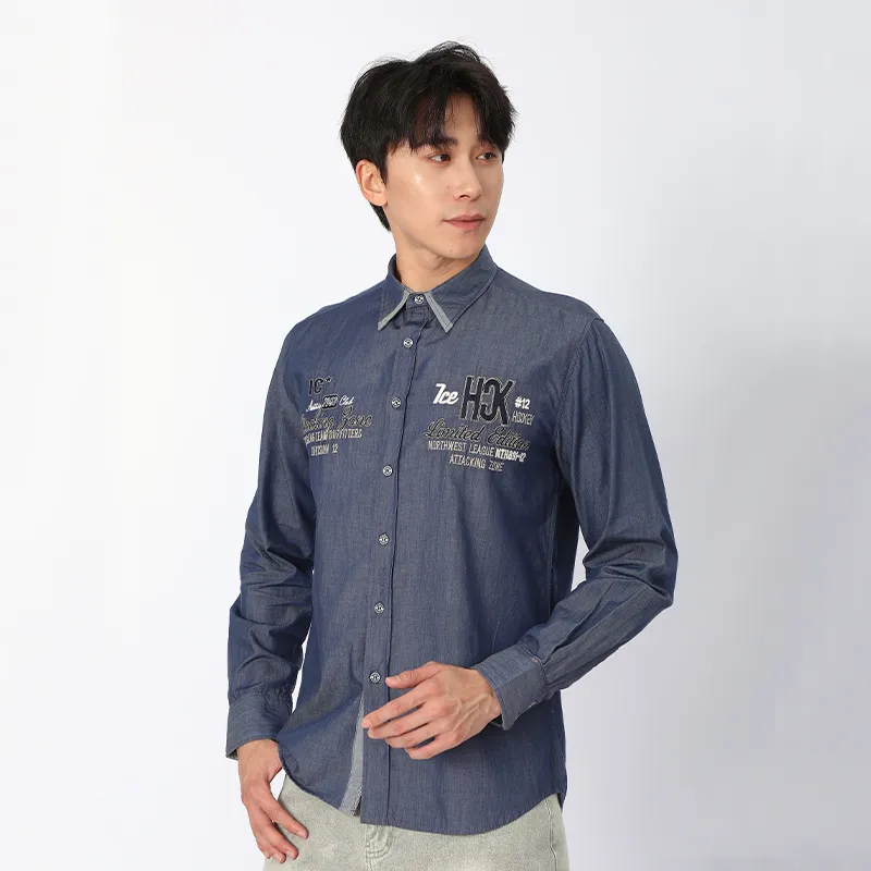 Рубашка с длинным рукавом, 100% хлопок, ткань, окрашенная в пряже