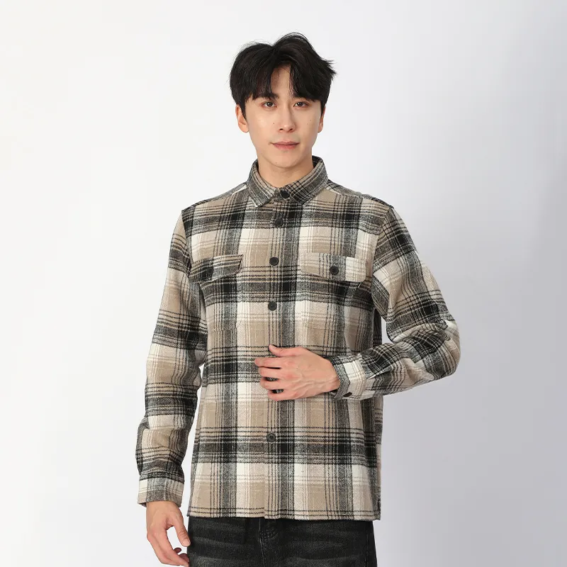 Рубашка с длинным рукавом из 100% хлопка, флисовая ткань, окрашенная в пряже