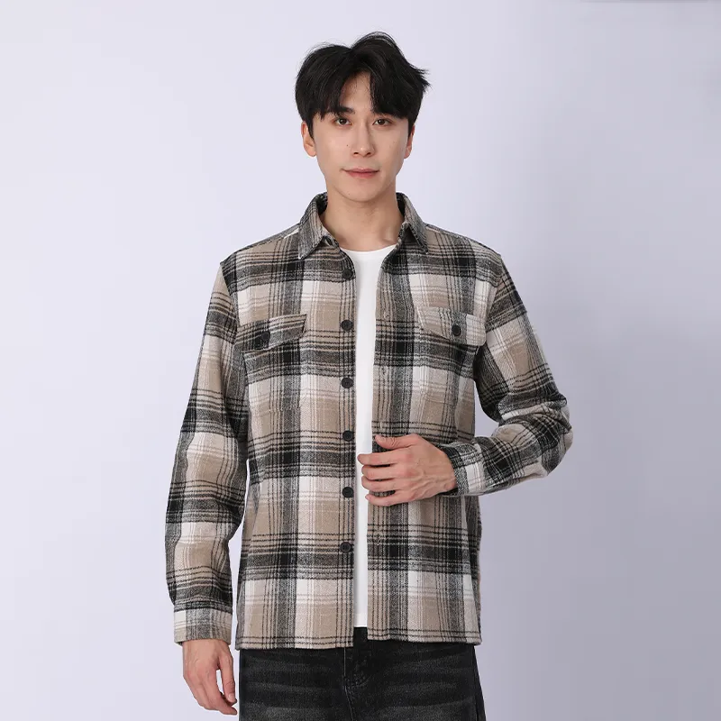 Рубашка с длинным рукавом из 100% хлопка, флисовая ткань, окрашенная в пряже