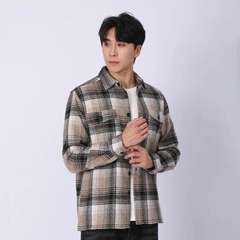 Рубашка с длинным рукавом из 100% хлопка, флисовая ткань, окрашенная в пряже