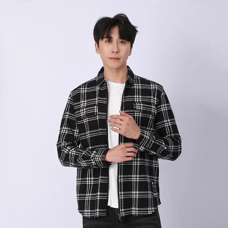 Рубашка с длинным рукавом из 100% хлопка, флисовая ткань, окрашенная в пряже