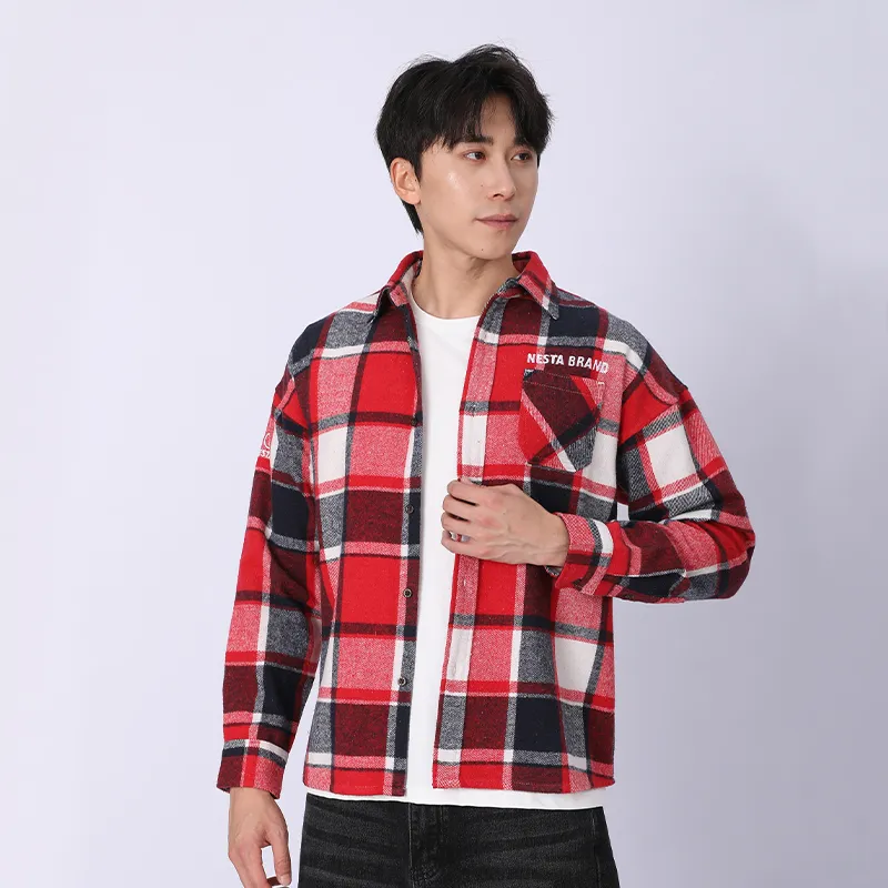 Рубашка с длинным рукавом из 100% хлопка, флисовая ткань, окрашенная в пряже