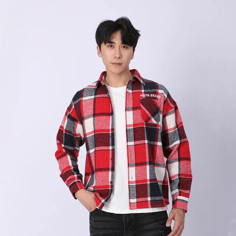 Рубашка с длинным рукавом из 100% хлопка, флисовая ткань, окрашенная в пряже