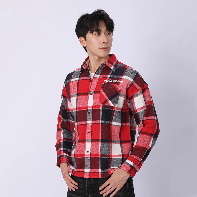 Рубашка с длинным рукавом из 100% хлопка, флисовая ткань, окрашенная в пряже