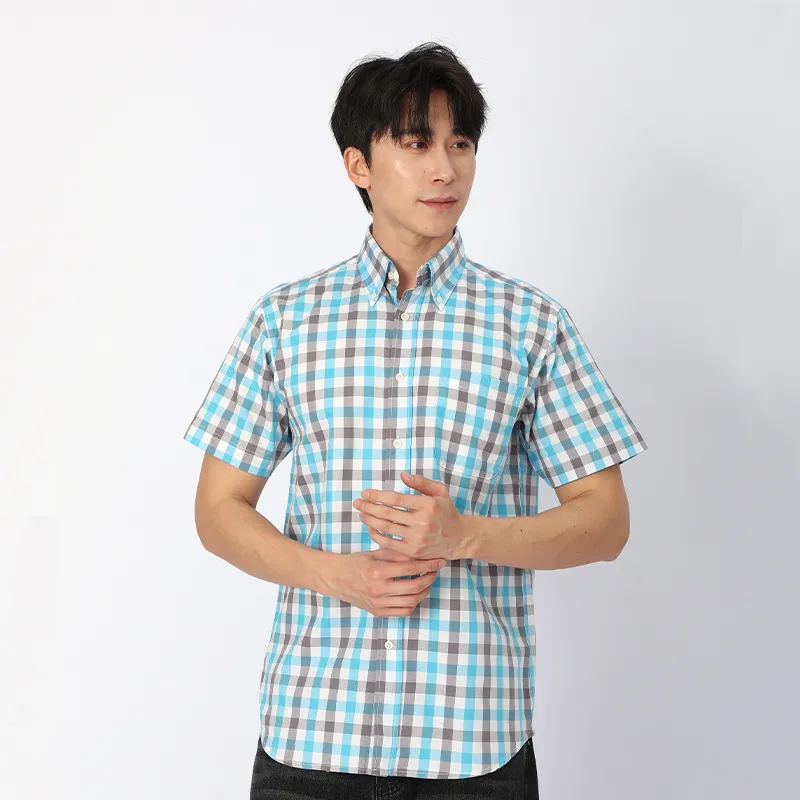 Рубашка с коротким рукавом, 100% хлопок, ткань, окрашенная в пряже