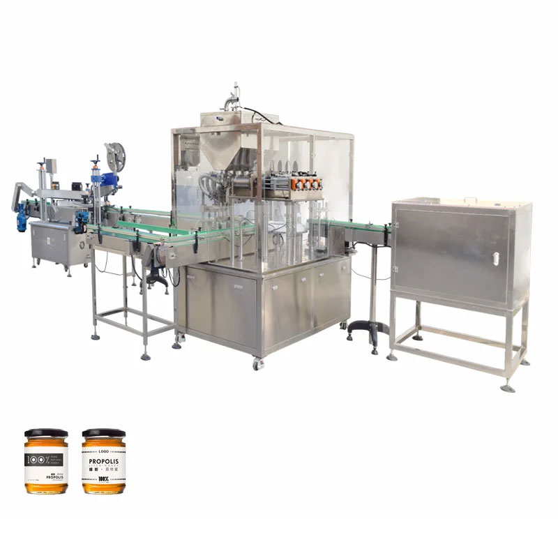 Линия розлива, укупорки винтовыми крышками и этикетировки широкогорлых бутылок