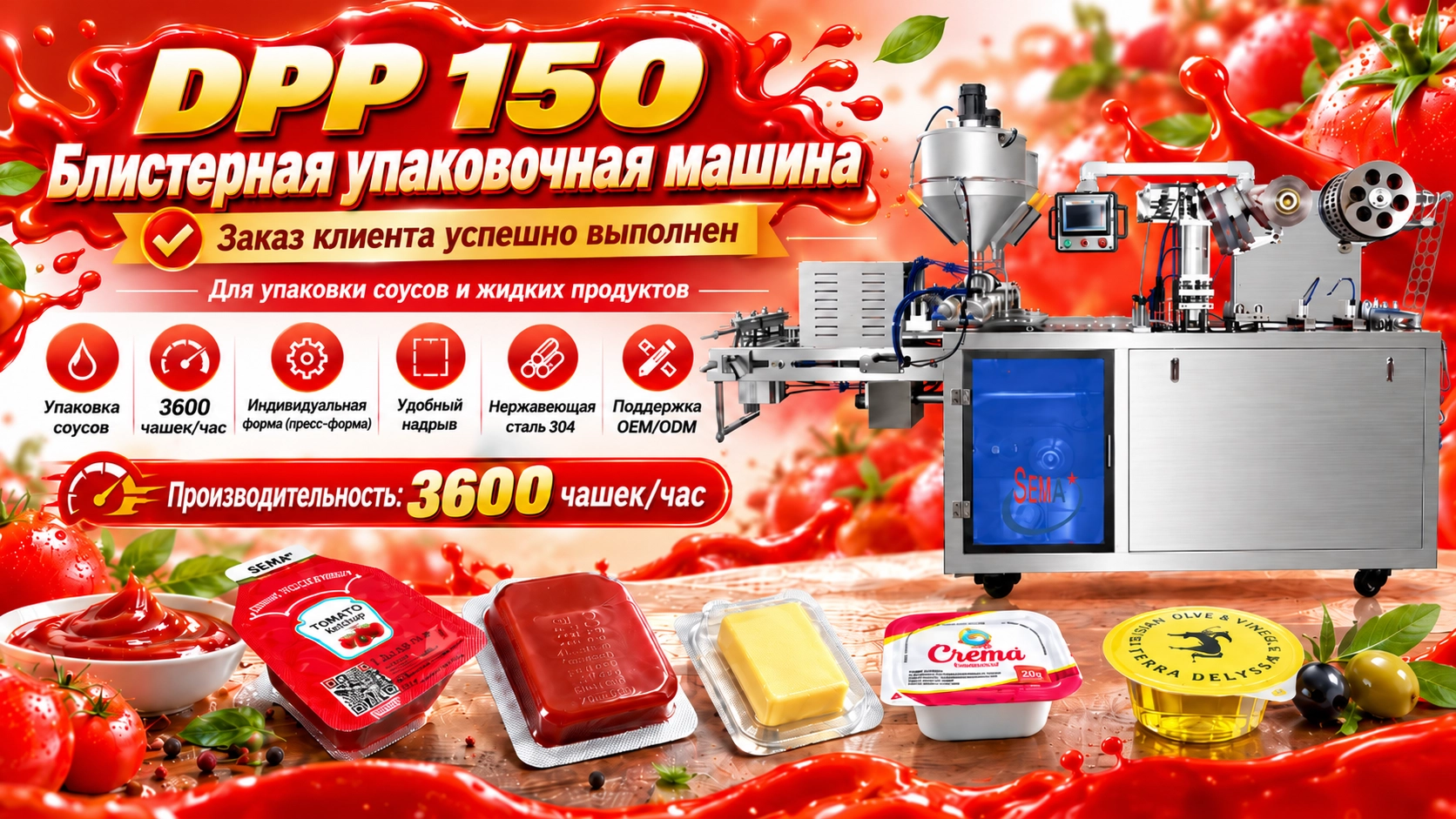 Заказ на блистерную упаковочную машину DPP-150 для соусов завершён