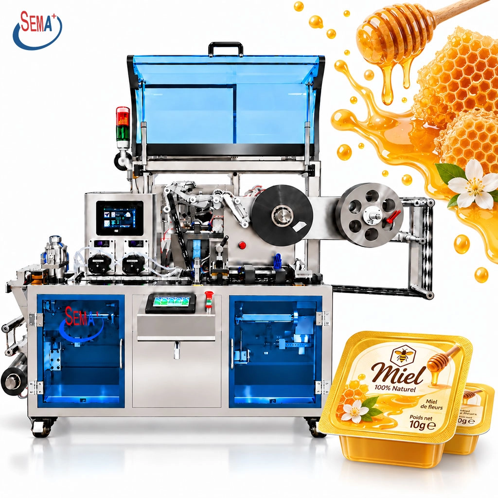 Автоматическая блистерная упаковочная машина для жидких продуктов: кофейного концентрата, сиропа, соуса и меда.