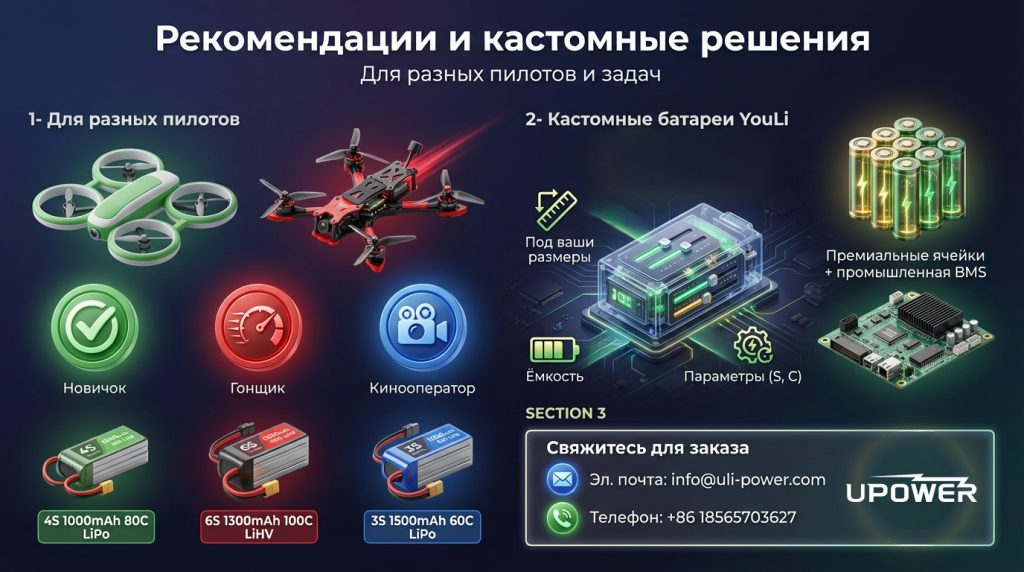 4. Рекомендации и кастомные решения Для разных пилотов Новичок: 4S 1000mAh 80C LiPo Гонщик: 6S 1300mAh 100C LiHV Кинооператор: 3S 1500mAh 60C LiPo Кастомные батареи YouLi Под ваши размеры, ёмкость и параметры (S, C). Премиальные ячейки + промышленная BMS. Свяжитесь для заказа: Эл. почта: info@uli-power.com Телефон: +86 18565703627