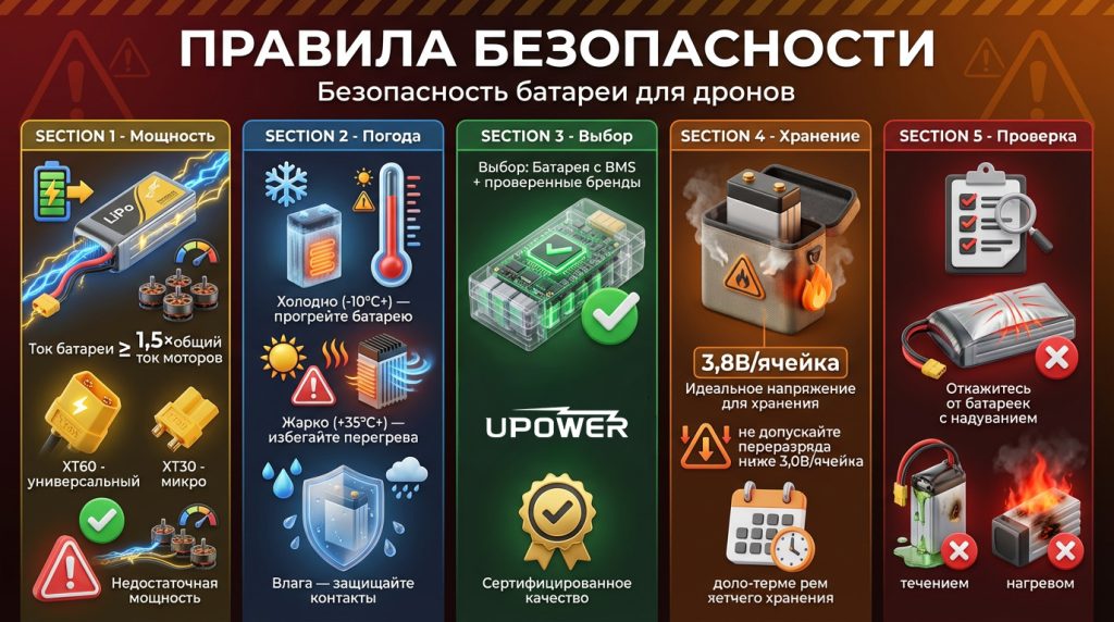 3. Правила безопасности Мощность: Ток разряда батареи ≥ 1,5×общий ток моторов; проверьте размеры под отсек батареи (XT60 — универсальный, XT30 — микро) Погода: Холодно (-10°C+) — прогрейте батарею; жарко (+35°C+) — избегайте перегрева; влага — защищайте контакты Выбор: Батарея с BMS + проверенные бренды (Tattu, Gens Ace, YouLi) Хранение: Длительное хранение — 3,8В/ячейка + огнестойкая сумка; не допускайте переразряда ниже 3,0В/ячейка Проверка: Откажитесь от батареек с надуванием, течением или нагревом