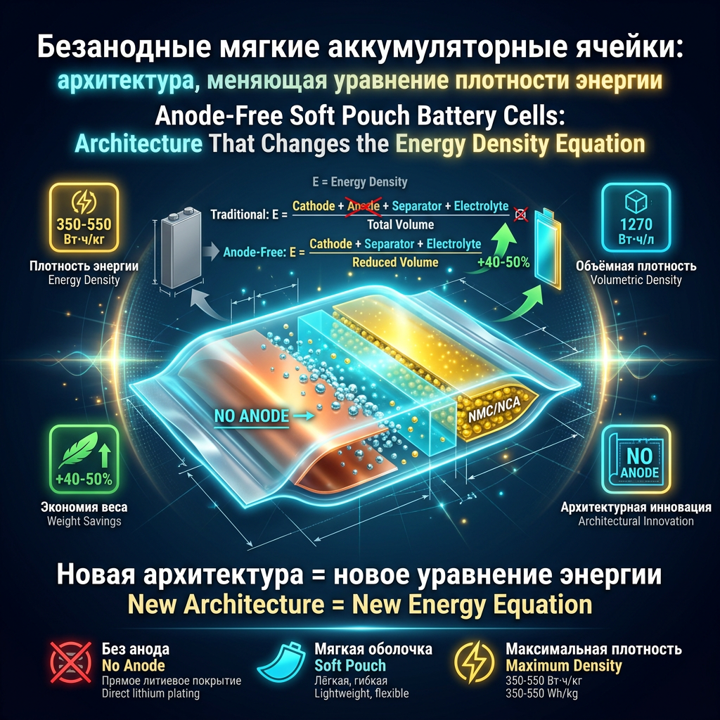 Безанодные мягкие аккумуляторные ячейки: архитектура, меняющая уравнение плотности энергии