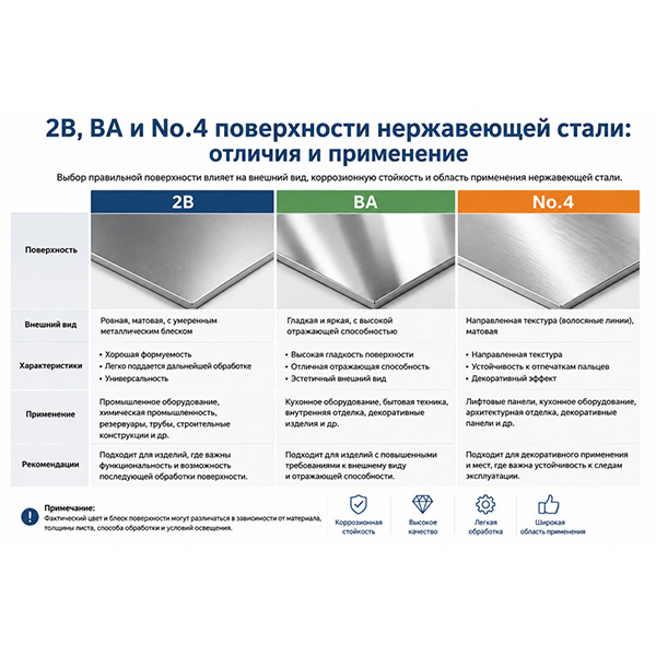В чем разница между листами нержавеющей стали марок 2B, BA и №4? Как мне выбрать подходящий вариант при покупке?