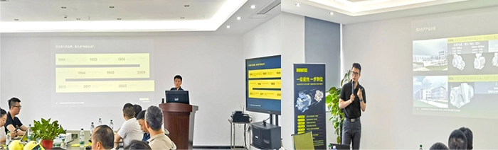 (Директор по продажам в юго-западном регионе г-н Пэн Дончуань (слева) представил бренд, а г-н Е Шурен (справа) из бумажной промышленности рассказал о продуктах для передачи энергии)