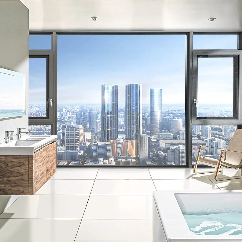 Двухстворчатые системные заподлицо антимоскитные поворотные алюминиевые окна с терморазрывом и открыванием внутрь