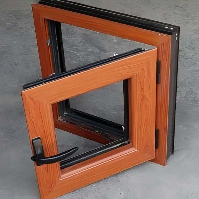 Двухстворчатые системные заподлицо антимоскитные теплоизоляционные «под дерево» поворотные алюминиевые окна с терморазрывом