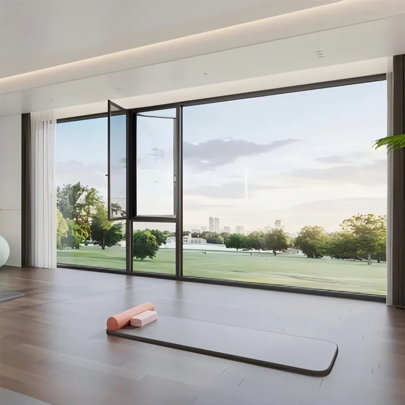 Двухстворчатые ультраузкие системные поворотные алюминиевые окна с терморазрывом