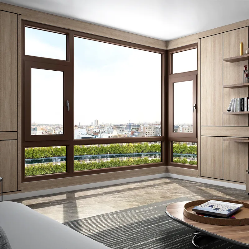 Системные заподлицо антимоскитные бесшумные «под дерево» поворотные алюминиевые окна с терморазрывом