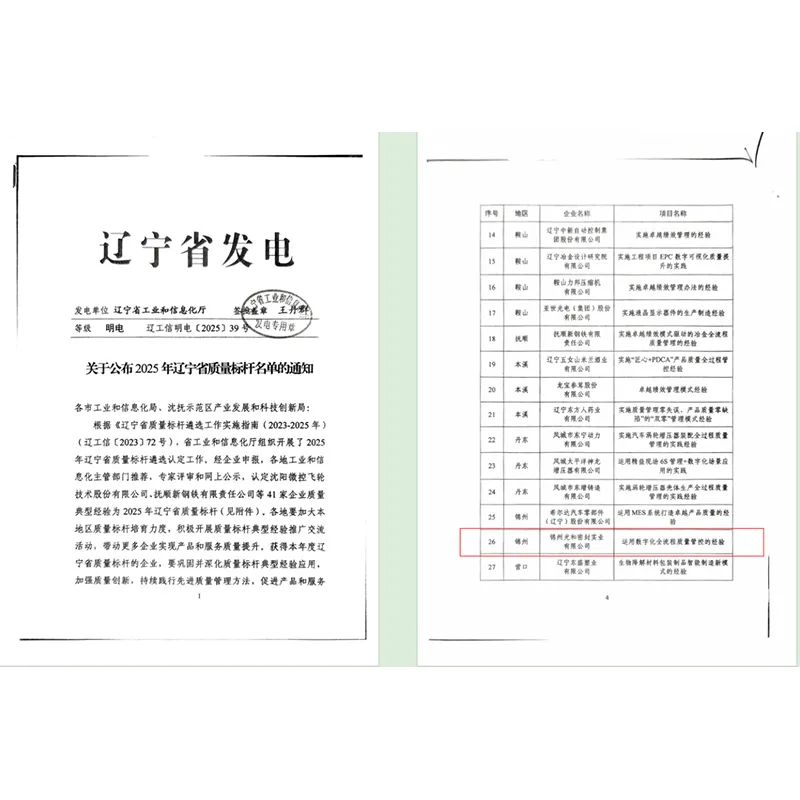 Компания «Джинчжоу Гуанхэ Силлинг Индастриал» Удостоена звания «Предприятие-эталон качества провинции Ляонин»