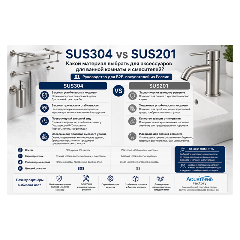 SUS304 vs SUS201: как российским B2B-покупателям выбирать материалы для аксессуаров для ванной и смесителей?